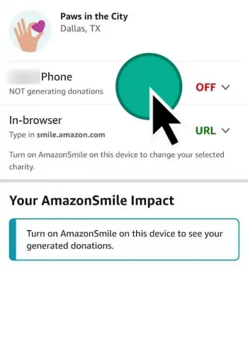 1. Open AmazonSmile settings by searching "Smile" in the app's search bar and clicking on the AmazonSmile banner that appears.