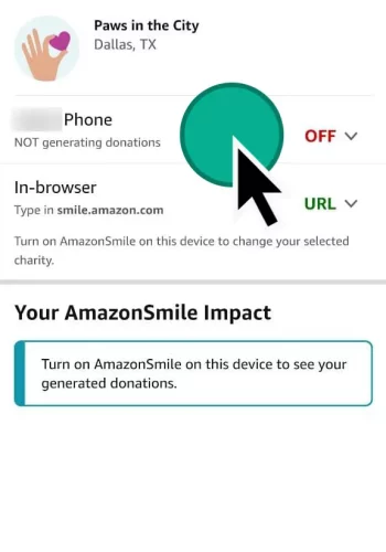 1. Open AmazonSmile settings by searching "Smile" in the app's search bar and clicking on the AmazonSmile banner that appears.